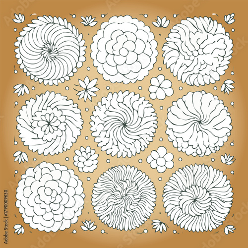 Ensemble de 9 Illustrations Silhouettes d'Arbres pour Plans de Jardins et Architecture, Vue d'en Haut, Nature et Végétation Noir et Blanc sur Fond Ocre Brun Vecteur