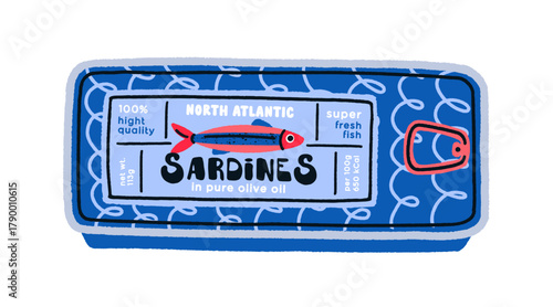 Sardines can in doodle retro style. Sealed metal packaging with preserved Mediterranean seafood. Canned sea food, fish conserved in olive oil. Flat vector illustration isolated on white background