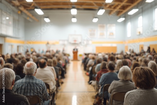 Town hall community meeting in a school gymnasium, audience facing podium, only backs visible, natural daylight