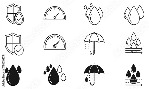 Set of icons representing protection, performance, and weather-related elements, perfect for technical or informational graphics