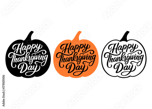 Grupo de calabazas con texto manuscrito Happy Thanksgiving Day para tarjetas y felicitaciones 