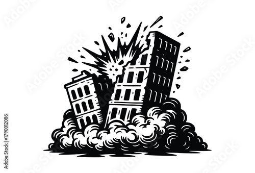 Black and white illustration of two buildings exploding and collapsing.