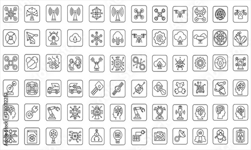 Collection of Line Art Icons Illustrating Technology, Industry, and Modern Innovations in Various Fields