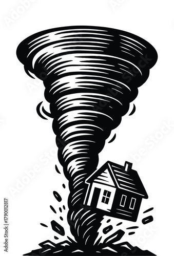 Black and white illustration of a powerful tornado destroying a house.