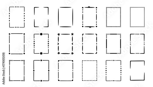 Rectangular doodle frame stamp set, hand-drawn original creative engagement monograms. Edgings cadres with graphic elements, design photo decoration greeting elements. Isolated. Vector