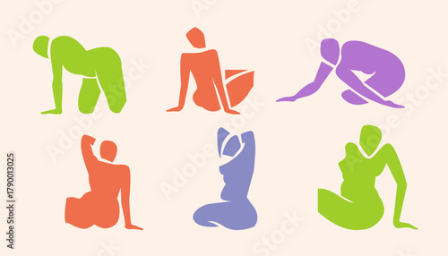 Woman contemporary abstract figures silhouette, hand drawn cut out feminine form different poses. Flat collage mid-century style, applique unique design, female shape poster, decorative art. Isolated.