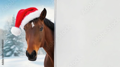 Brown horse in red Santa hat looking out from behind a blank white panel. Snowy winter background with fir trees and falling snow. Funny Christmas animal concept.