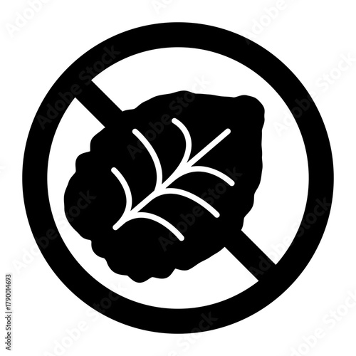 Tobacco leaf ban solid icon, harm of smoking concept. Vector graphics. Prohibited item sign on white background, style icon mobile or web design.