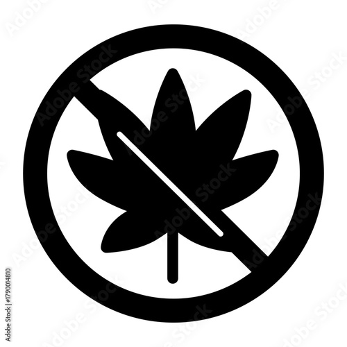 Hemp plant ban solid icon, dangers of smoking concept. Vector graphics. Prohibited item sign on white background, style icon mobile or web design.