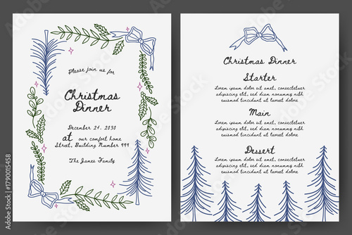 Christmas dinner invitation with branches, ribbon bow, winter floral frame. Minimalist vintage line art style perfect for invitation, card, greetings, menu or cover.