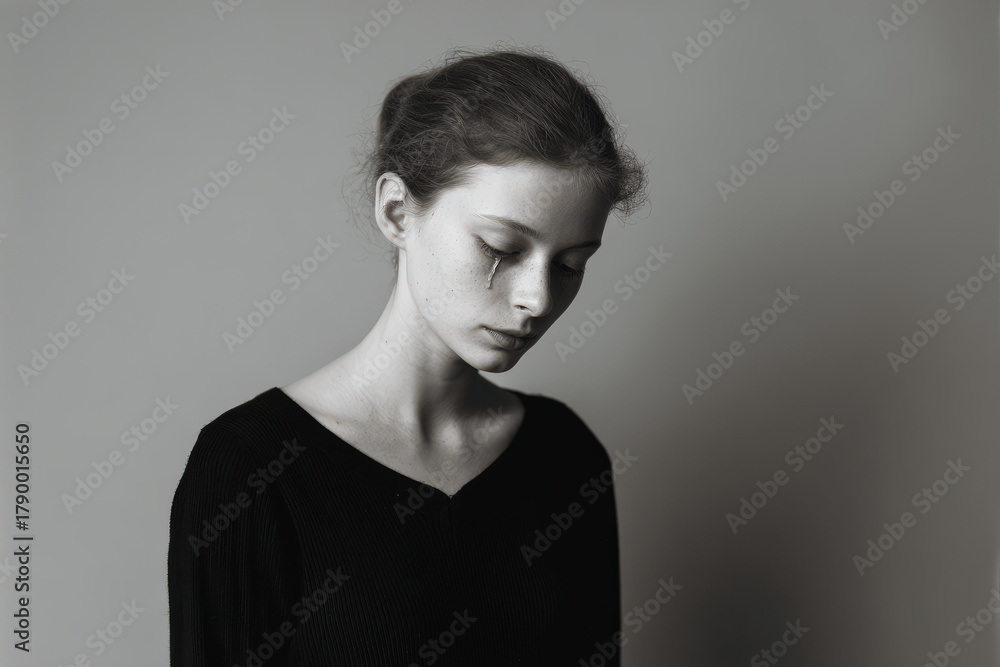 Fototapeta premium young woman with closed eyes single tear glistening on her cheek embodies profound sense of hope for future