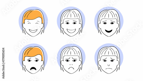 Illustration showing six different facial expressions of a woman with varying emotional states shown clearly