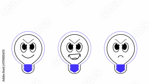 Three cartoon lightbulbs with different angry facial expressions in a row on a white background