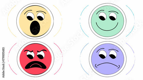 Four colorful emoticon faces displaying different emotions such as happy sad angry and surprised