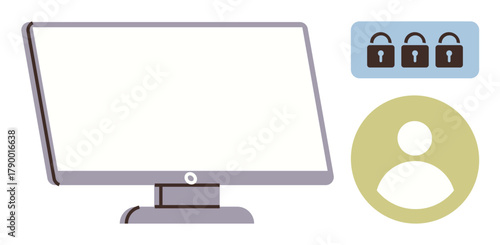 Blank computer screen, three padlock icons symbolizing security, and user profile icon. Ideal for cybersecurity, privacy, data protection, user accounts, online safety, secure systems simple flat