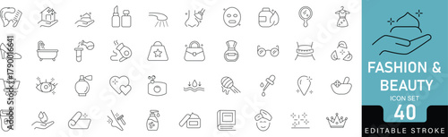 Fashion and Beauty Linear Icon Set featuring 40 outline symbols of clothing, accessories, style, makeup, and apparel design. Perfect for fashion brands, boutiques, and beauty projects. Editable stroke