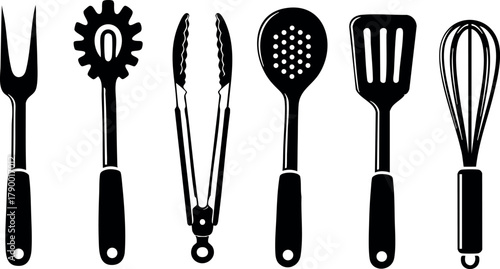 Kitchen utensils silhouette set including fork, pasta server, tongs, skimmer, spatula, and whisk vector illustration