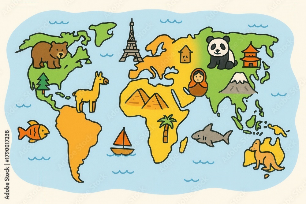 Obraz premium Illustration of the world map with landmarks and animals