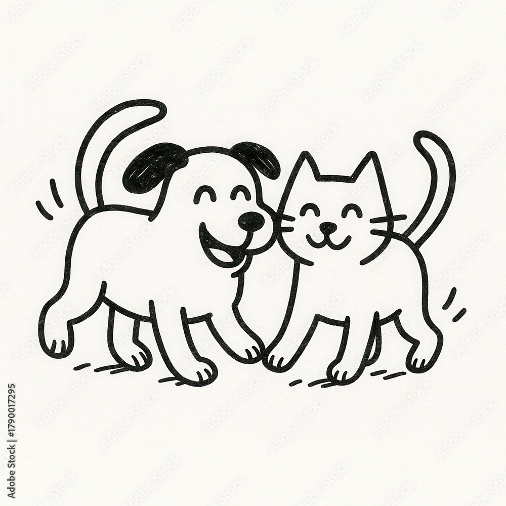 Obraz premium Happy cartoon dog and cat in monochrome with smiles