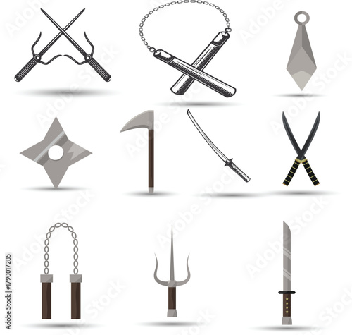 Vector illustration of katana, sai, kunai, and star shuriken