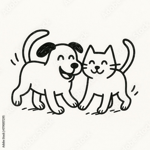 Happy cartoon dog and cat in monochrome with smiles