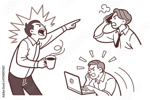 Angry men expressing emotions in various scenarios