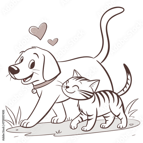 Happy dog and cat walking together with heart shape above