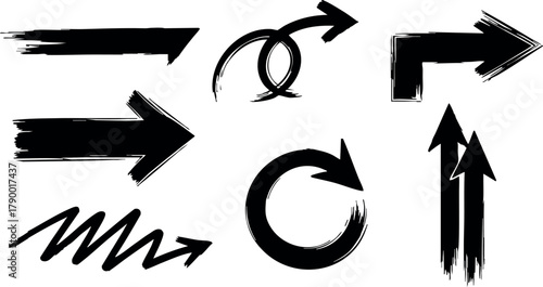 Grunge black arrows set with various brush stroke styles and directions for dynamic design and illustration usage