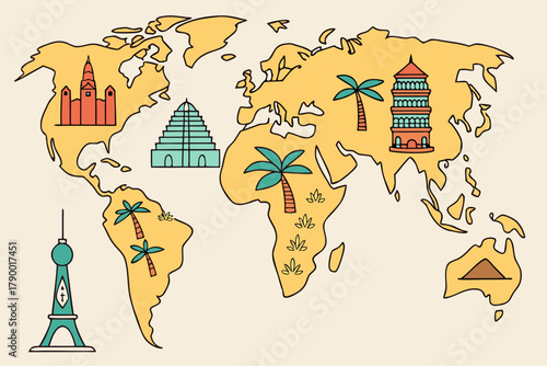 Illustrated world map with landmarks around the world