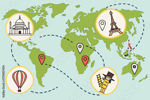 World map with famous landmarks and travel routes.