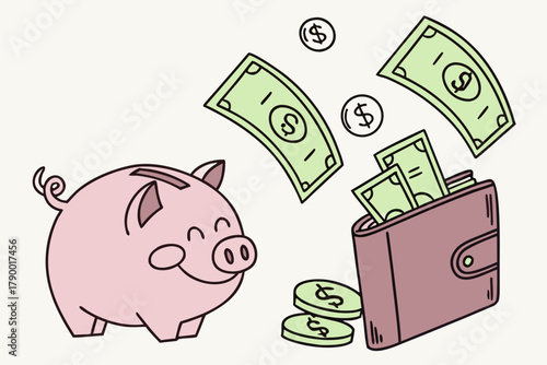 Piggy bank and wallet with money savings concept illustrated