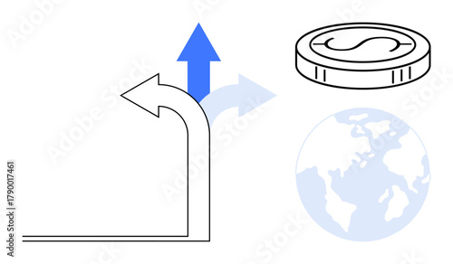 Curved arrow leading upwards symbolizing growth, coin representing finance, globe suggesting global aspirations. Ideal for success, growth, goal-setting, finance, strategy, business innovation