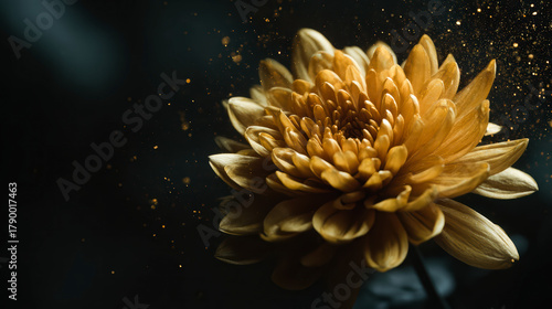 Close-up of blooming yellow chrysanthemum flower with pollen in dark background