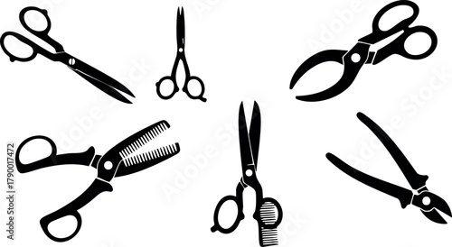Various black silhouette scissors and shears vector set in different styles and sizes for cutting tools design