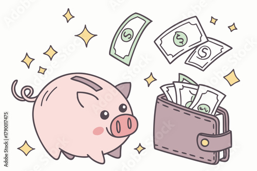 Piggy bank and wallet filled with money with a shining elements