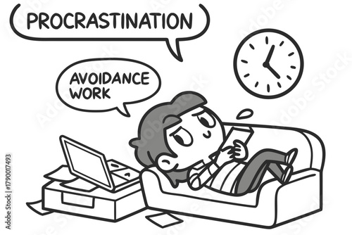 Procrastination concept cartoon with character