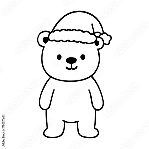 Teddy Bear navideño. Dibujo sencillo con líneas de osito simpático con sombrero de Santa Claus para tarjetas y felicitaciones de Navidad