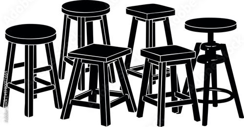Set of six wooden and metal stools with square and round seats in black silhouette vector illustration