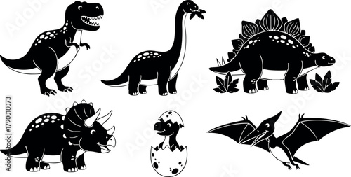 Dinosaur silhouettes collection featuring tyrannosaurus, brachiosaurus, stegosaurus, triceratops, pterodactyl, and hatching egg vector design