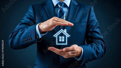 Home insurance protection concept with businessman holding glowing house icon
