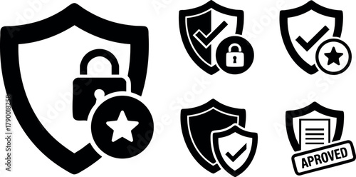 Security shield icon set with lock check approved badge vector design for protection and safety concept