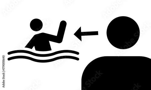 Kinder im Wasser beaufsichtigen – Sicherheitssymbol für Schwimmbad und Wasseranlagen, minimalistisches Piktogramm – Warnschild