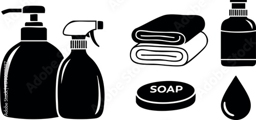 Hygiene and cleaning products set with soap dispenser, spray bottle, towels, soap bar, and liquid drop vector illustration