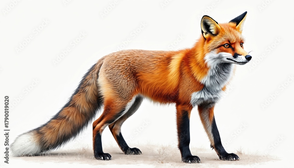 Fototapeta premium Red fox stands on light ground, looking right. Orange fur coat with white chest and bushy tail. Wild mammal in detailed sketch pose. Isolated animal for nature concepts.