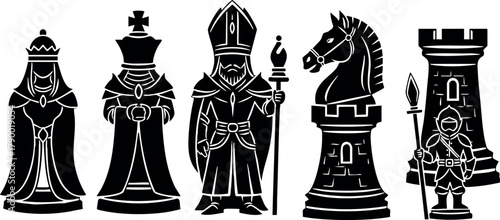 Chess pieces vector set featuring queen king bishop knight rook in black silhouette style for strategy game design