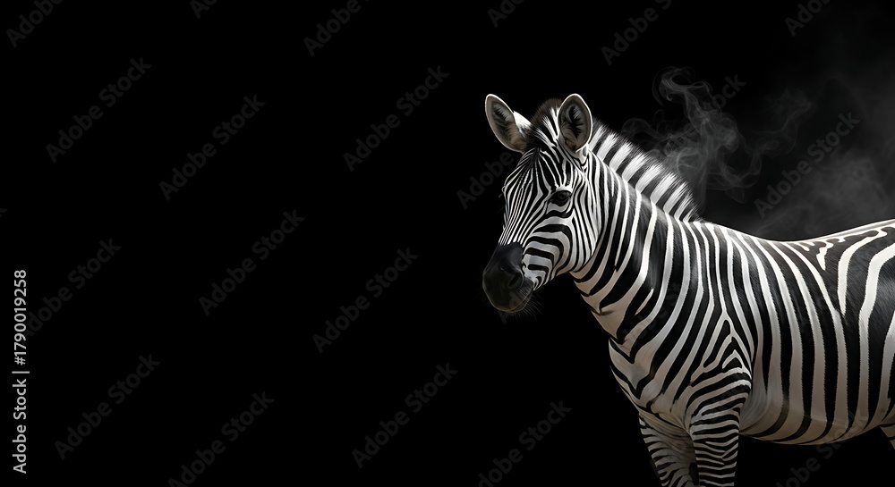 Naklejka premium Striking black and white zebra stands majestically against a deep black void, a gentle wispy trail of dust subtly framing its powerful silhouette
