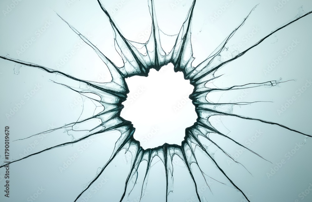 Fototapeta premium Cracked and shattered glass with a central hole, resembling impact damage or a bullet hole. The abstract pattern of fractured glass creates a textured background, suggesting danger or destruction.
