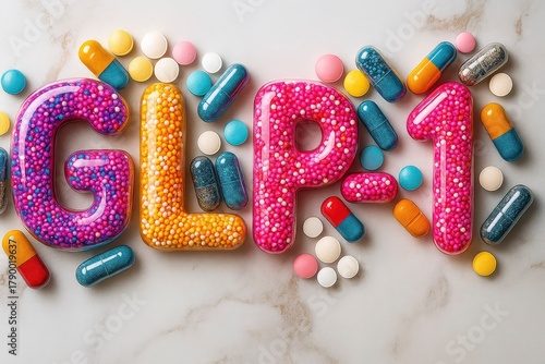 Colorful representation of GLP-1 with vibrant letters made of sprinkles. Surrounding capsules and tablets in various colors. Concept of health and medication.