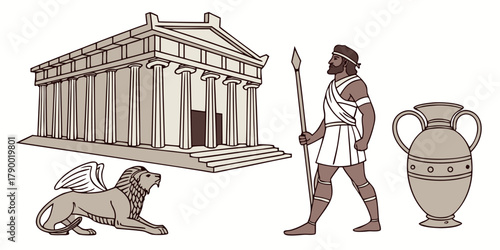 Iconic ancient Greek symbols featuring a temple, warrior with spear, winged lion, and amphora offering a glimpse into classical history and mythology
