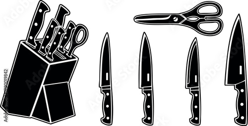 Knife set with scissors and block silhouette vector illustration in black and white sharp kitchen utensils design